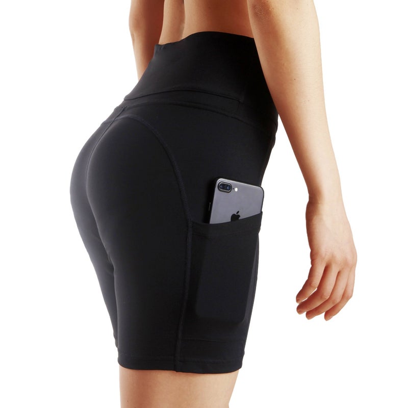 ChinFun Yoga Shorts for Women High Waist Tummy Control 4 Way Stretch Workout Running Shorts Side Pockets Black Size M - Image 3